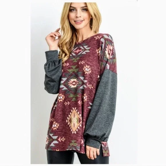 First Love Bohemian Aztec Ethnic Print Long Sleeve Shirt Puff Sleeves NWT Large - Picture 7 of 12